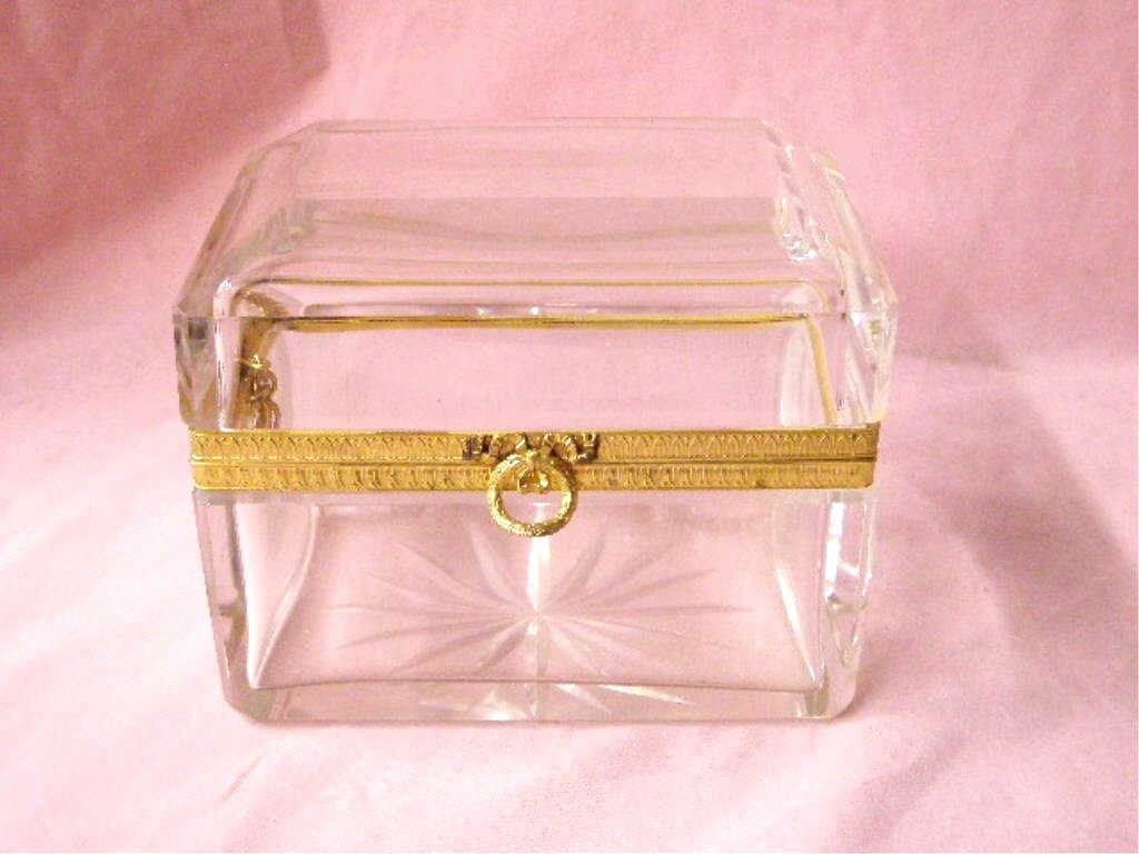 Vintage French Glass Dresser Box: Vintage French clear glass 5" x 6 1/2" x 4" square dresser box with brass fittings. CONDITION: Small chips along lid and bottom rims, scratches on base.
