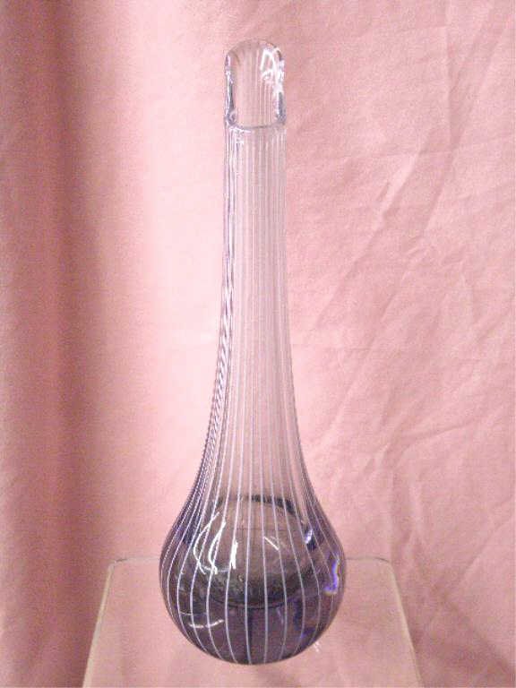 Vintage Scandinavian Glass Vase: Vintage unsigned Scandinavian glass 10 1/4" vase, clear to smoke colored with applied white stripes. CONDITION: Very good with minor wear, scratches on base and no damage.