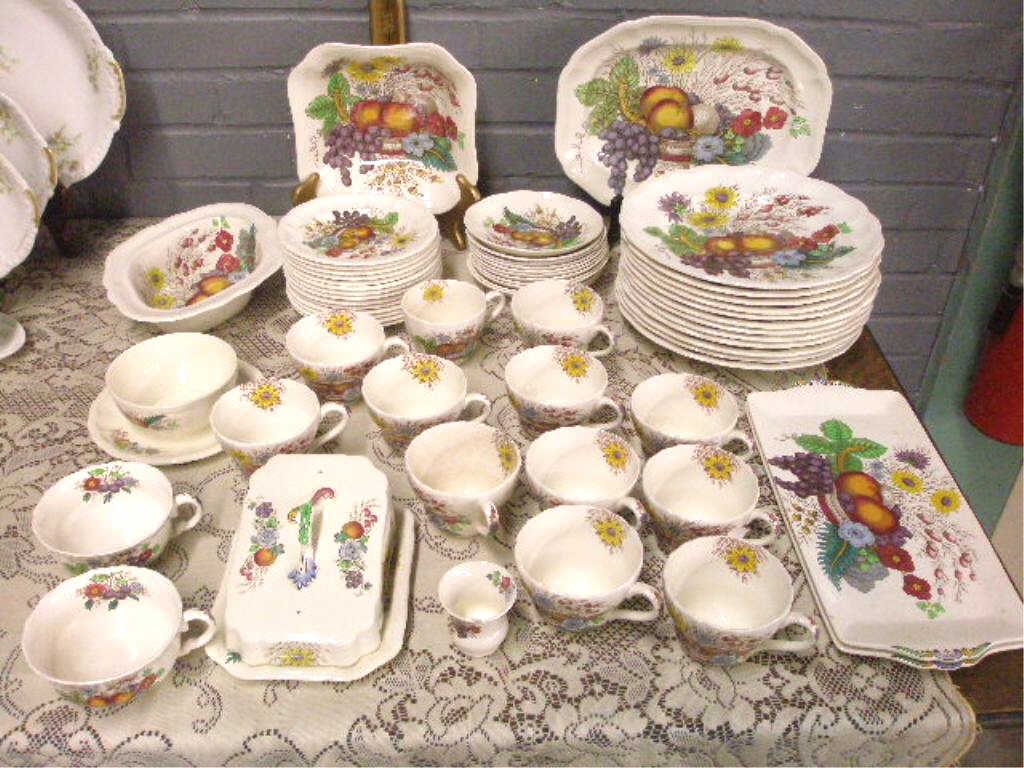 Spode Reynolds Pattern China Set: Copeland Spode Reynolds (S2188) pattern fifty eight piece china set, includes: twelve dinner plates, fourteen bread and butter plates, eleven saucers, eleven large cups, small cup, two flat cups, 12" 
