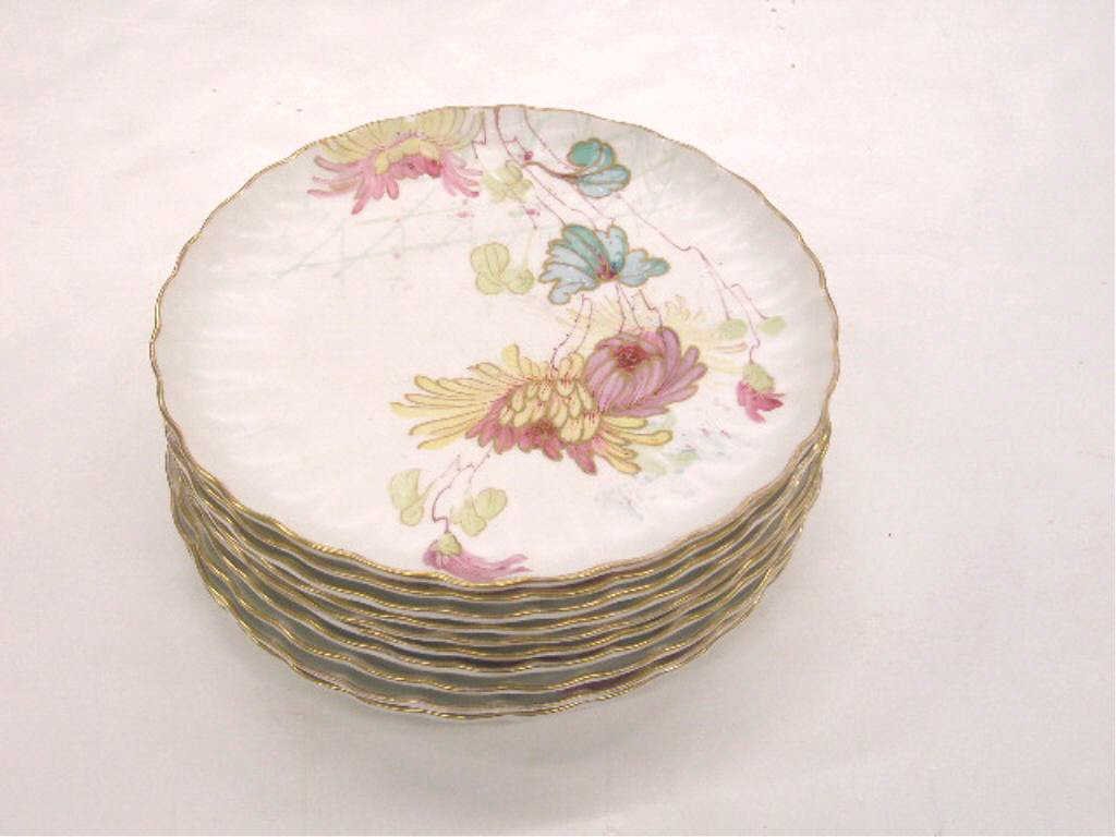 Antique English Porcelain Luncheon Plates: Ten late 19th/early 20th c. Dunn, Bennett & Co. (Ltd.) for Theodore B. Starr, New York, English porcelain 8 1/2" luncheon plates with hand painted floral designs. CONDITION: All are very good with min