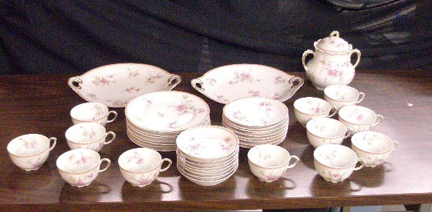 Antique Limoges Floral Design China Set: Antique Jean Pouyat Limoges porcelain 41 piece floral decorated china set, includes: two 11 3/4" double handled round platters, eight luncheon plates, eight berry bowls, 12 cups, 8 saucers & sugar bow