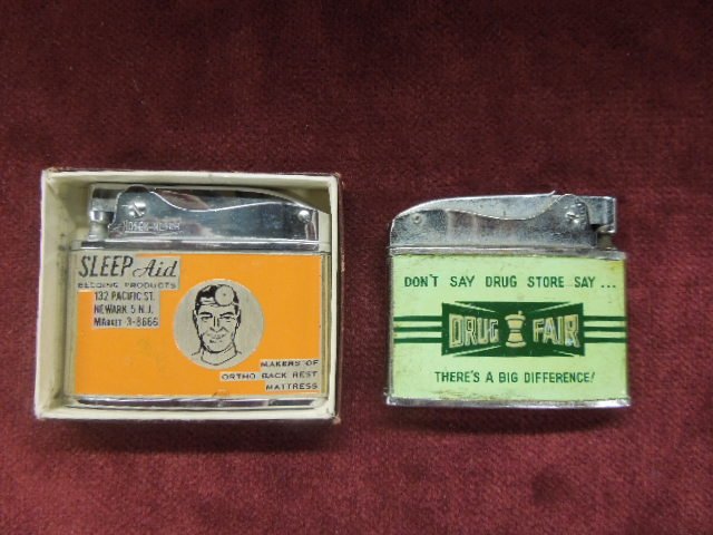 2 - Vintage Advertising Cigarette Lighters: Two vintage advertising cigarette lighters, Rosen-Nejor "De Luxe Original American Beauty, Sleep Aid Bedding Products" with box and Royal Star Automatic Super Lighter "Don't Say Drug Store Say...Drug 