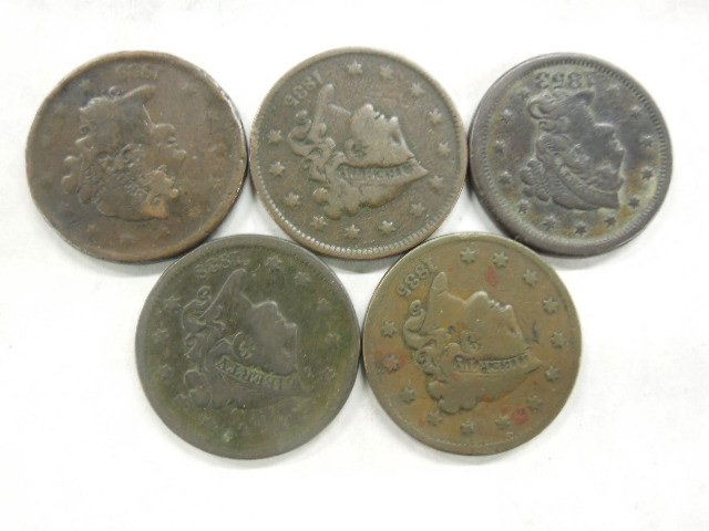 5 - Large One Cent Coronet & Braided Hair: Five large one cent Coronet and braided hair, includes: (2) 1835, (1) 1838, (1) 1839 and (1) 1853. CONDITION: Good to VF.
