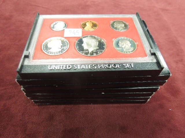 8 - US Mint Proof Sets 70's & 1980: 8 US Mint proof sets includes: (6) 1973S-1978S 6 coin sets (with Eisenhower Dollar) and (2) 1979S and 1980S 6 coin sets (with Susan B Anthony dollar) in original packaging.