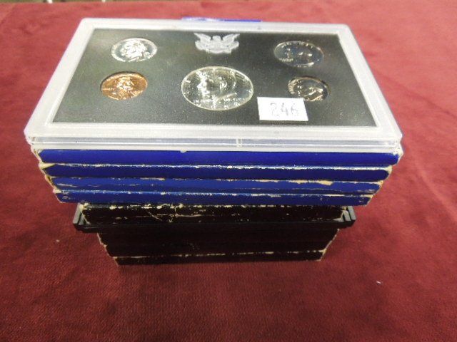 9 - US Mint Proof Sets - 60's, 70's & 80's: 9 US Mint proof sets includes: (2) 1968S 5 coin set with 40% half dollars, (1) 1971S 5 coin set (no dollar) (1) 1973 6 coin set Eisenhower dollar) (1) 1980S 6 coin set (Susan B Anthony Dollar), (3) 19