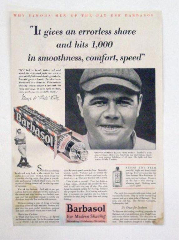1930's Babe Ruth Barbasol Advertisement: 1930's Babe Ruth for Barbasol advertising magazine page. CONDITION: Wear & staining.