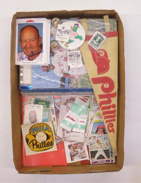 1950's-1980's Philadelphia Phillies Memorabilia: Lot of assorted 1950's-1980's Philadelphia Phillies memorabilia, includes: cards, premiums & other items. CONDITION: All with some form of wear.