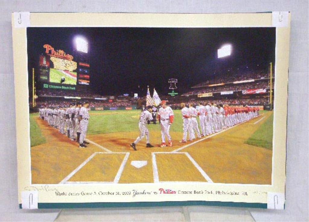 Dick Perez Signed World Series Lithograph: Dick Perez signed 2009 World Series Game 3 Yankees vs Phillies 17 1/2" x 25" lithograph print, limited edition #1130/1200. CONDITION: Very good with minor wear.