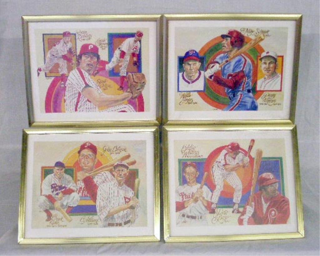 1983 Perez-Steele Phillies Prints: Lot of 4 framed 1983 Perez-Steele Galleries Philadelphia Phillies All-Time Greatest Players 10" x 11" prints, overall size framed are 10 1/4" x 12 1/4". CONDITION: Scratches & wear on frames.