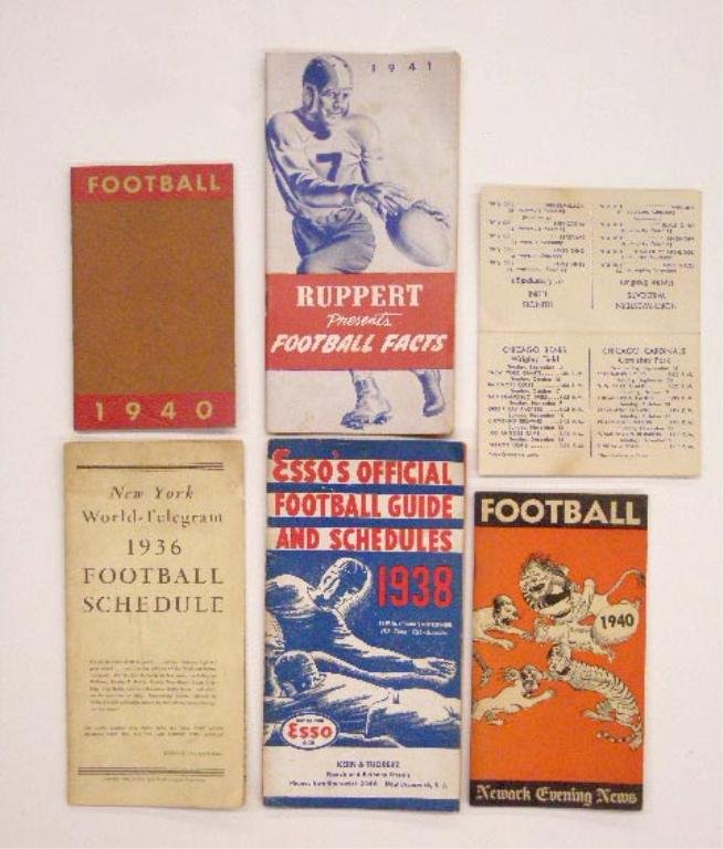 1930's-1950's Football Schedules: Lot of 6 assorted 1930's-1950's Football schedules, includes: 1936 New York World - Telegram, 1938 Esso's Official Football Guide and Schedules, 1940 Miller & Wright Paper Company, 1940 Newark Evening