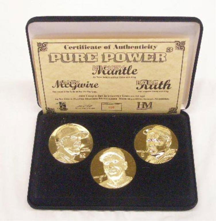 Highland Mint Mantle/McGwire/Ruth Medallion Set: 1990's Highland Mint 24k gold plated Pure Power- Mickey Mantle, Mark McGwire & Babe Ruth-3 piece magnum medallion set with C.O.A. & box, limited edition #20/250. CONDITION: Very good with no damage.