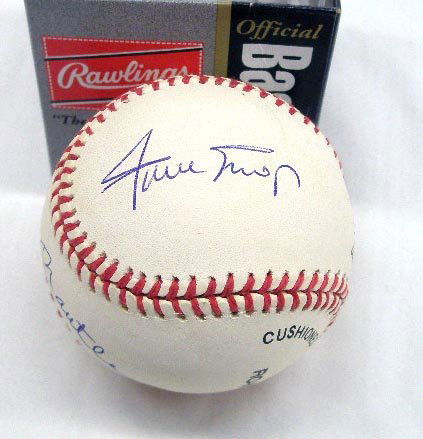 Willie, Mickey & The Duke Signed Baseball: Willie Mays, Mickey Mantle & Duke Snider signed Bill White Official National League Baseball with box, no C.O.A. for authenticity or guarantee of signatures. CONDITION: Minor toning, signatures are st