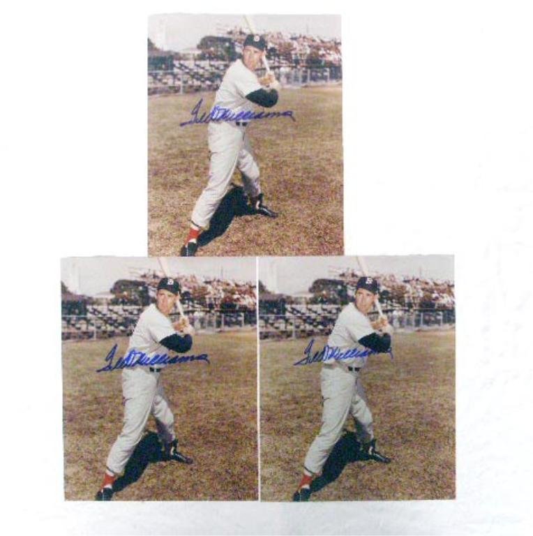 Ted Williams Signed Photographs: Lot of 3 Ted Williams signed 8" x 10" colored photographs, no C.O.A. for a authenticity of guarantee of signatures. CONDITION: All are very good with strong signatures.