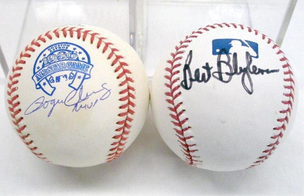 Roger Clemens & Bert Blyleven Signed Baseballs: Roger Clemens MVP signed Peter Ueberroth 1986 Official All Star Game & Bert Blyleven signed Bud Selig Official National League Baseballs with cube holders, no C.O.A. for authenticity or guarantee of s