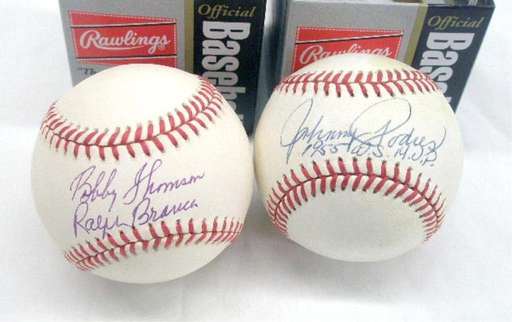 Thomson/Branca & Johnny Podres Signed Baseballs: Bobby Thomson/Ralph Branca & Johnny Podres 1955 W.S. M.V.P. signed Bill White Official National League Baseballs with boxes, no C.O.A. for authenticity or guarantee of signatures. CONDITION: Both have