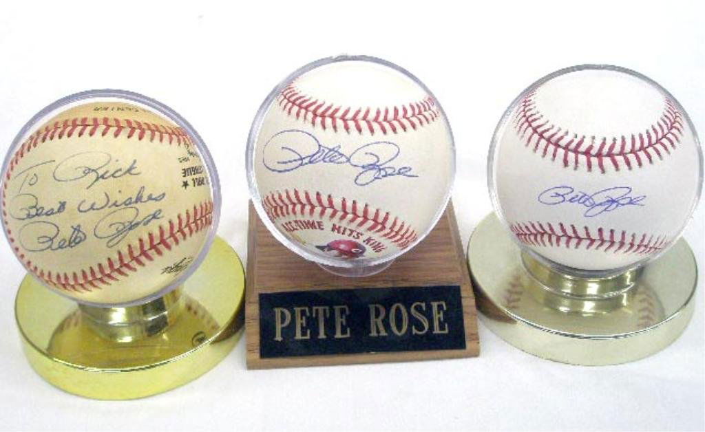 Pete Rose Signed Baseballs: Pete Rose signed Charles Feeney, Bill White & Bud Selig Official National League Baseballs with ball holders, no C.O. A. for authenticity or guarantee of signatures, Bill White ball is a hand painted