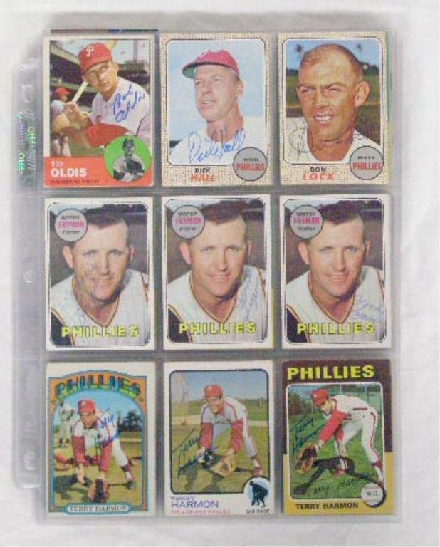 Philadelphia Phillies Signed Baseball Cards: Lot of 108 assorted 1960's-2000 signed Philadelphia Phillies baseball cards, most are commons with a few stars including: (3) Mike Schmidt & 2010 Bowman Platinum Ryan Howard relic patch refractor, no 