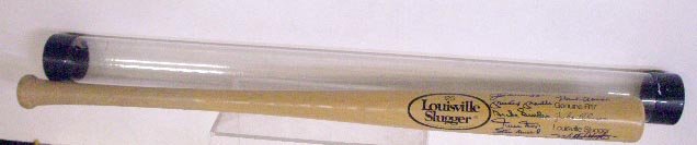 Baseball Hall of Famers Signed Bat: Baseball Hall of Famers signed Louisville Slugger Genuine R17 Jackie Robinson 34" store model Baseball bat with bat tube holder, 8 signatures includes: Joe DiMaggio, Mickey Mantle, Duke Snider, Willie