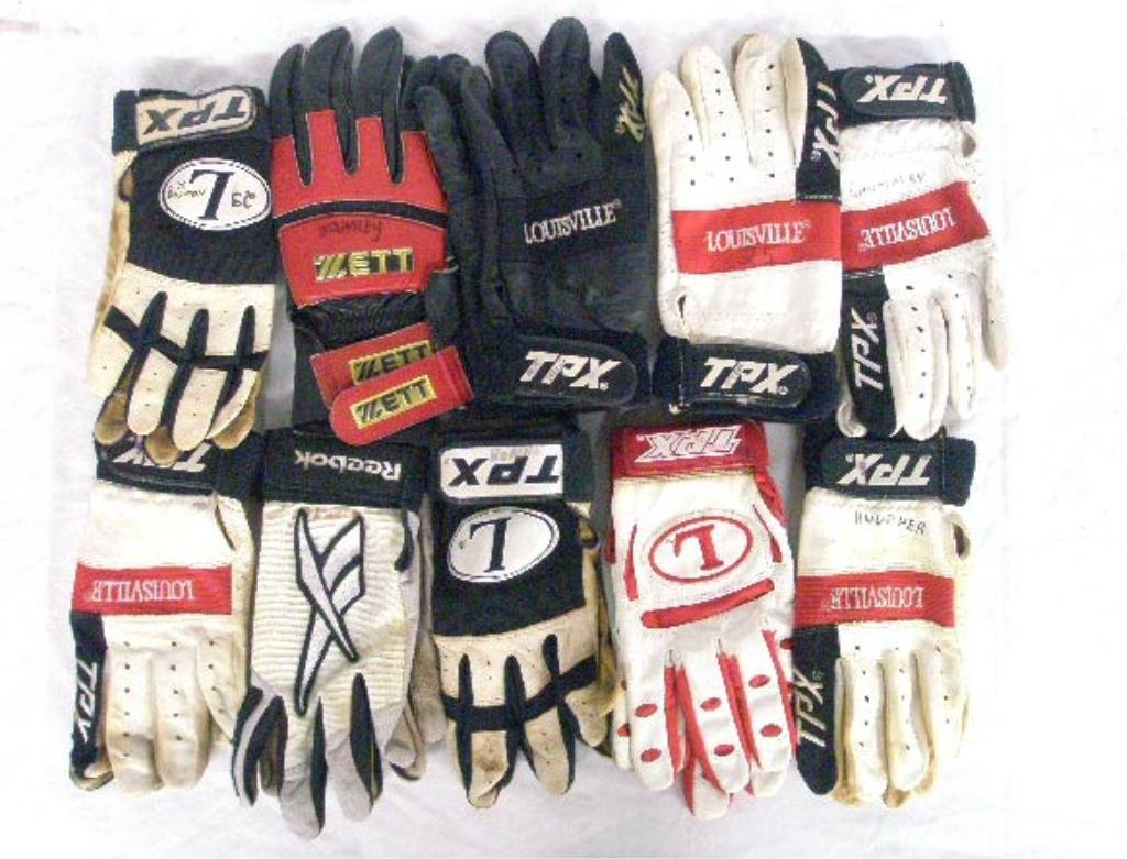 Scranton Red Barons Game Used Batting Gloves: Lot of 10 pairs of circa 1990's & 2000's Scranton Wilkes Barre Red Barons (Philadelphia Phillies triple A minor league affiliate) player game used batting gloves, from the living estate of a retired l