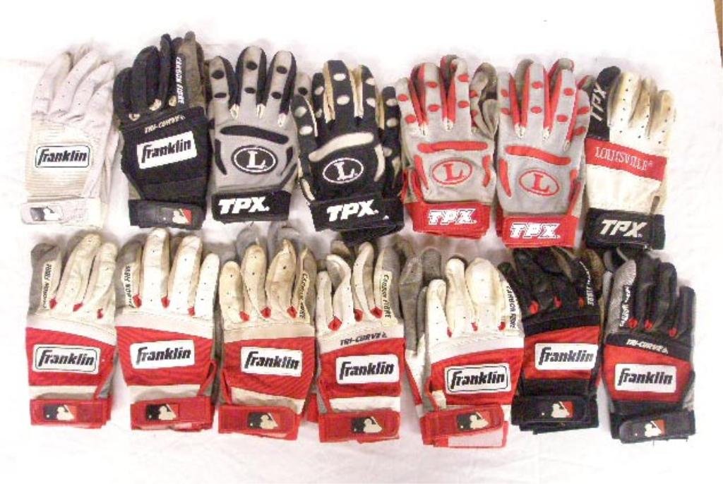 Scranton Red Barons Game Used Batting Gloves: Lot of 14 pairs of circa 1990's & 2000's Scranton Wilkes Barre Red Barons (Philadelphia Phillies triple A minor league affiliate) player game used batting gloves,from the living estate of a retired lo
