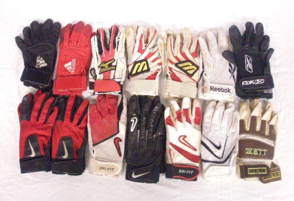 Scranton Red Barons Game Used Batting Gloves: Lot of 14 pairs of circa 1990's & 2000's Scranton Wilkes Barre Red Barons (Philadelphia Phillies triple A minor league affiliate) player game used batting gloves, from the living estate of a retired l