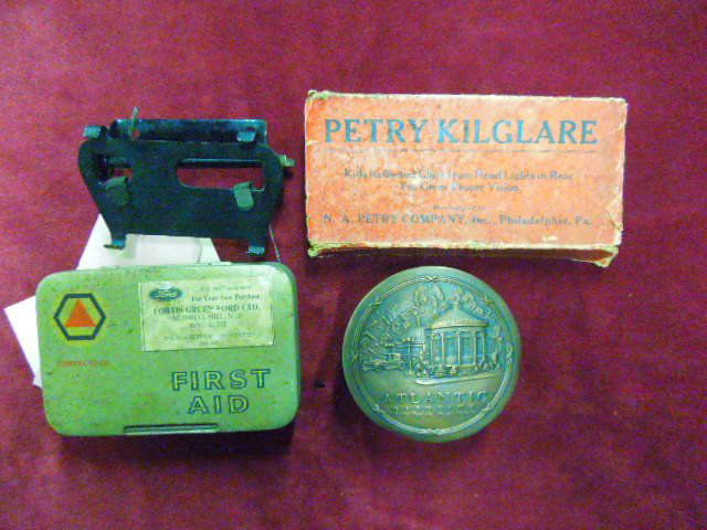 4 Vintage Auto Accessories: 4 Vintage Auto Accessories taht include: First Aid Kit, Model-A Rearview Mirror Holder, Petry Kilglare, Atlantic Gas Brush