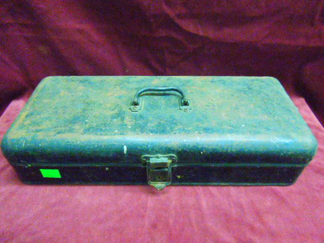 Vintage Tool Box With "No Fog" Light Shields: Vintage Tool Box With "No Fog" Light Shields along with a brass piece made by Duplex with a spark plug? Condition: Fair used.