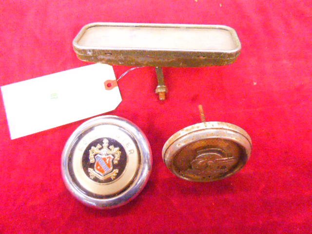 Rear View Mirror, Horn Button, Grille Badge: Accessory Rear View Mirror, Horn Button From A Buick Roadmaster, Grille Badge From Pontiac. Condition: Fair used