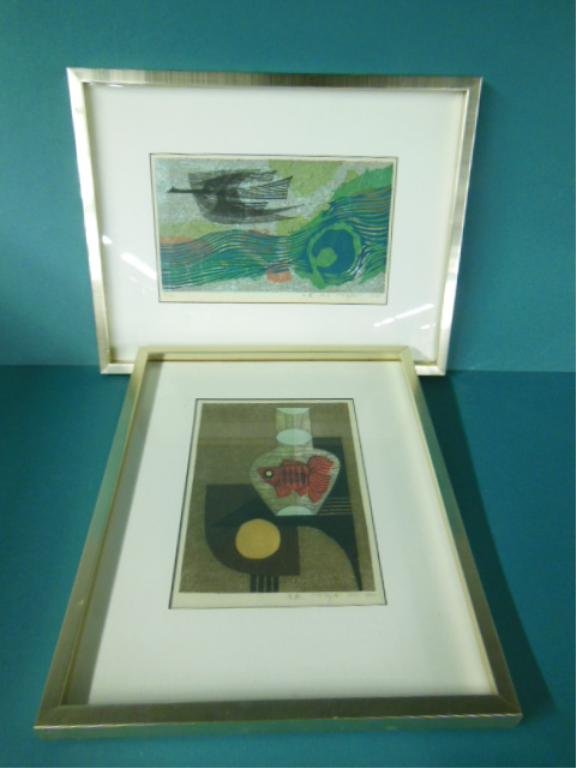 Two Japanese Woodblock Prints: Two Japanese woodblock prints, signed F. Fajita, Bird in flight 1968 (8/100) & table with fish 1963 (70/100), matted in metal frames, overall 19 1/2" x 14 3/4" & 15" x 18 3/4". CONDITION: No issues no