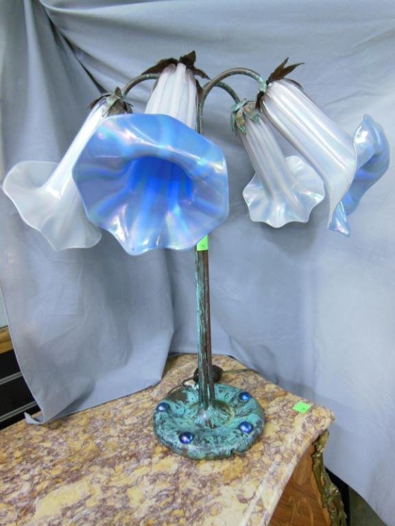 Tiffany Repro Tulip Form Table Lamp: Reproduction "Tiffany Studios", tulip form table lamp; 5 blue & opal iridescent glass shades, bronze base (marked on bottom) with 5 blue iridescent jewels, late 20th C., height 25", approximate diamet