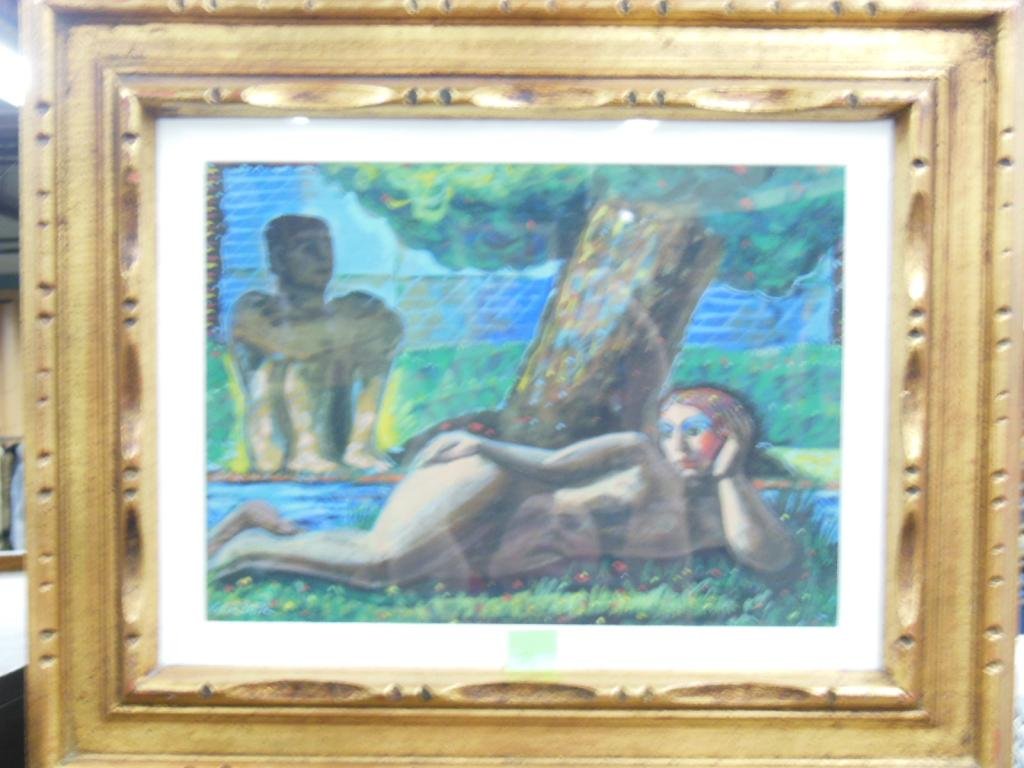 Gerber, gouache, "Across the River": Gerber, signed, gouache, "Across the River" [title verso]. 19 1/4"h x 23 1/2"w=frame. CONDITION: Not examined out of frame; no evident issues.