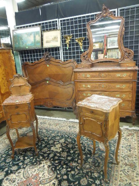 Louis XV Style 4 PC Bedroom Set: Louis XV style 4 piece assembled bedroom set, mahogany, features acanthus & floral raised & incised carvings, rouge marble tops, includes: full size head & foot board, 2 night stands, with white marbl