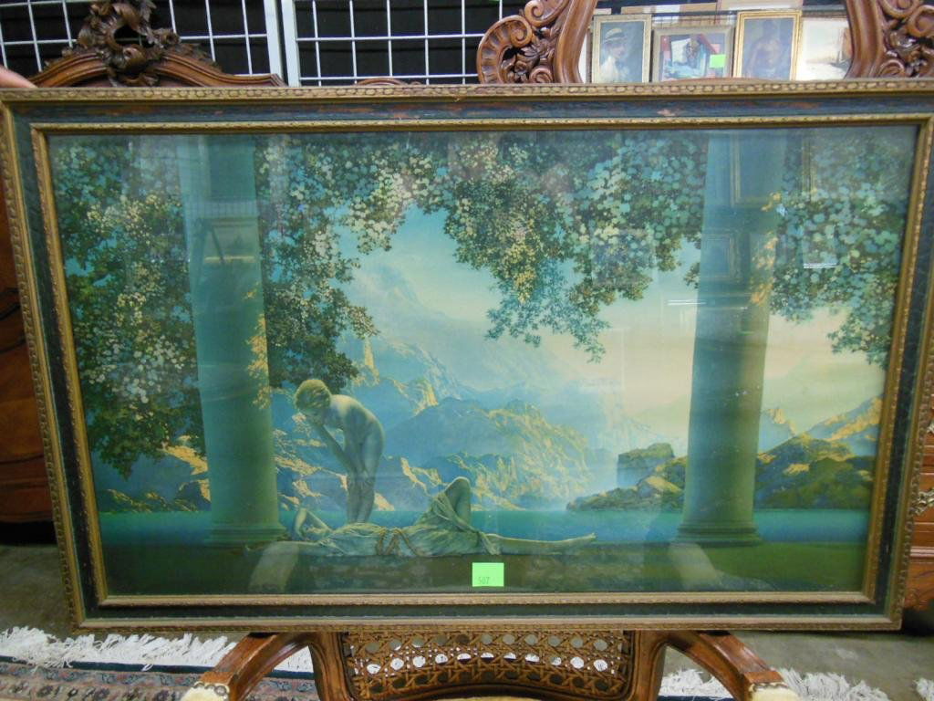 Parrish, chromolitho, "Daybreak": Maxfield Parrish, chromolithograph, "Daybreak". Imprint: "The House of Art, N.Y."; [original frame]. 20 1/2"h x 32 1/2"w=frame. CONDITION: Not examined out of frame; no evident issues.