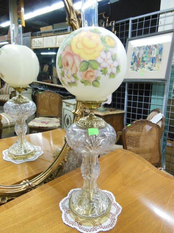 Gone With the Wind Lamp: Gone with the wind Lamp, floral cut glass base, floral painted frosted glass ball shade, 20th c. hgt 25". CONDITION: No issues noted.