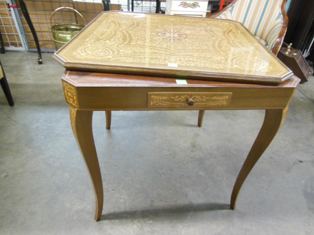 Italian Marquetry Inlaid Games Table: Italian marquetry inlaid games table, removable & reversible top with a finish felt center top beneath, 4 drawers, mid 20th c. CONDITION: No issues noted.