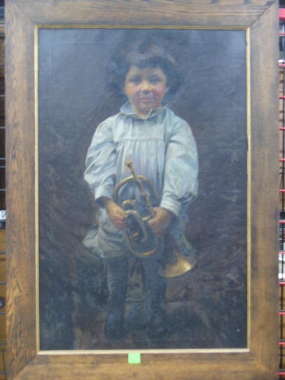 o/c, The Cornet Player: Apparently unsigned, oil on canvas, The Cornet Player. American, late 19th / early 20th c. 42"h x 29 3/4"=frame. CONDITION: UV and sight analysis suggest that painting has undergone multiple restorati