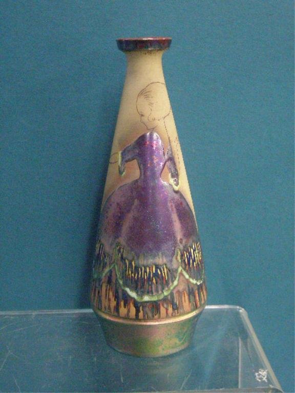Zsolnay Style Art Pottery Vase: Unsigned Zsolnay style art pottery 10" vase, applied iridescent glazes & artist signed female design. CONDITION: Very good with small glaze chips on base.