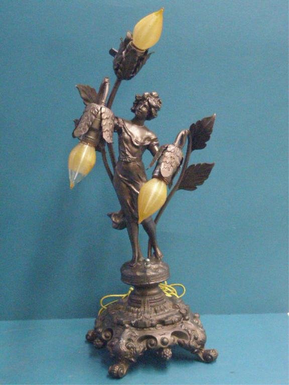Antique Figural White Metal Lamp: Antique painted white metal 3 light 25 3/4" Art Nouveau female figural table lamp. CONDITION: Works, very good with minor wear.