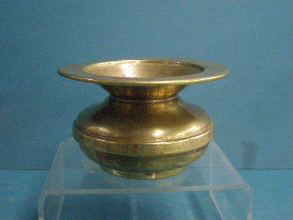 Miniature Brass Spittoon: Vintage miniature 2 3/4" x 4 1/2" brass spittoon, presented to Wm. S. Bisbing - Electric Power Installation. CONDITION: Areas with wear from usage.