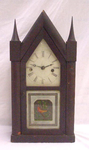 19th c. Terry & Andrews Steeple Clock: 19th C. Terry & Andrews mahogany cased 20" x 9 3/4" x 4" steeple shelf clock, with reverse painted bird decorated glass panel on door, painted tin clock face, time & strike movement. CONDITION: Detach