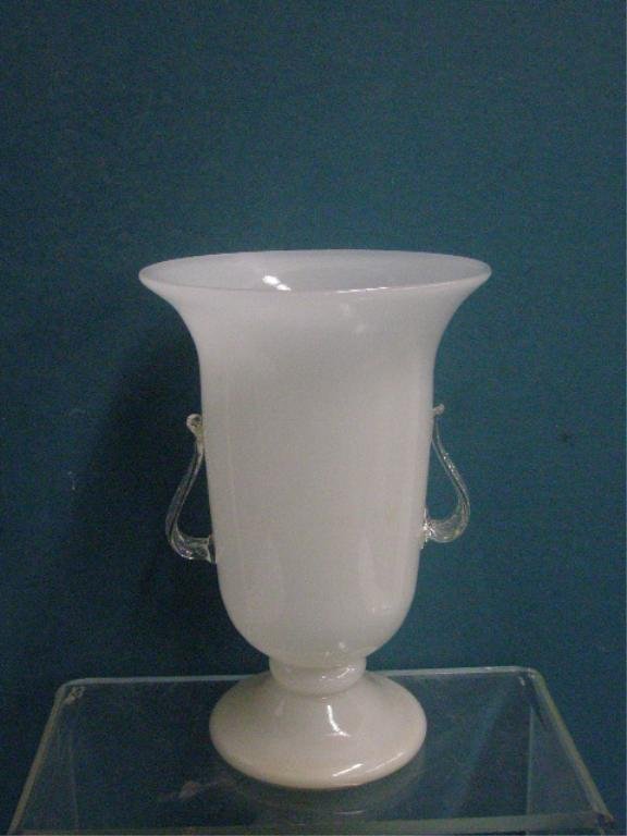 Czechoslovakian Art Glass Vase: Czechoslovakian art glass, 10 1/4" vase, opaque white cased with applied clear glass handles. CONDITION: Very good with scratches & minor wear on base.