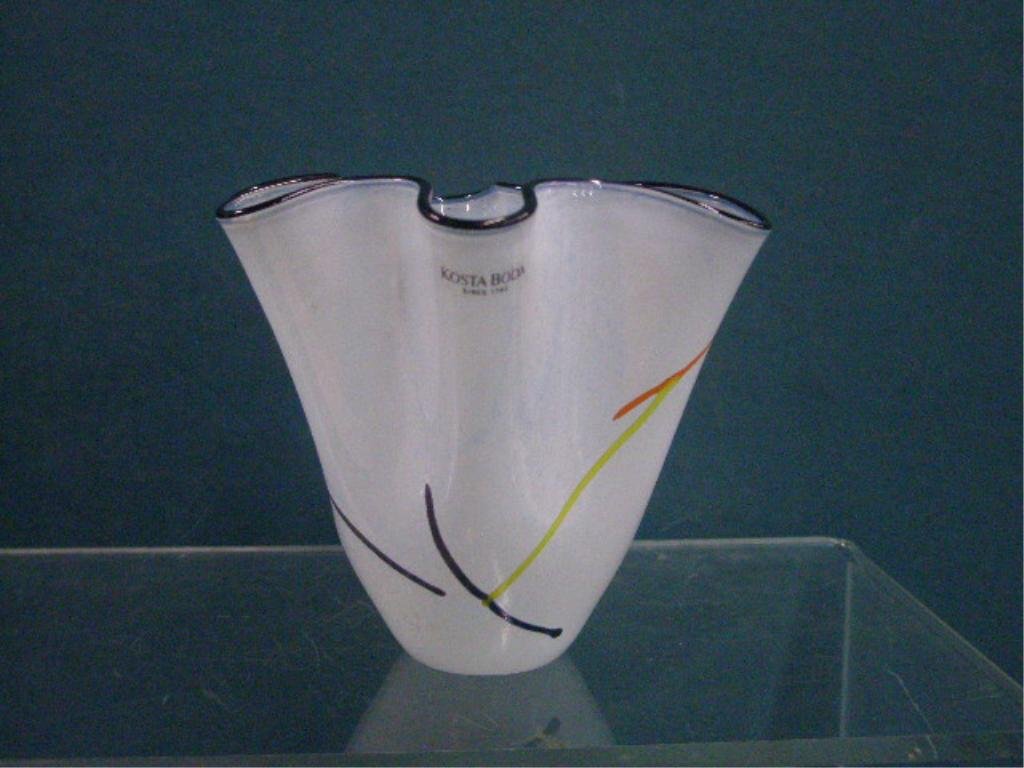 Kosta Boda Glass Vase: Kosta Boda signed 4 1/2" opalescent cased glass vase with line designs, designed by Ulrica Hydman-Vallien. CONDITION: Very good with no damage.