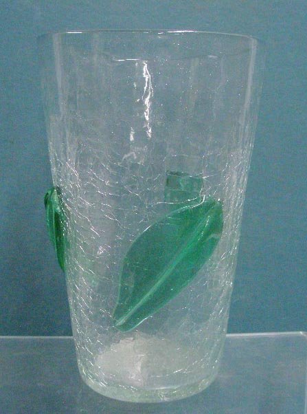 Vintage Blenko Glass Vase: Vintage Blenko crackle glass 10" vase with 3 applied green glass leaves. CONDITION: Very good with no damage.