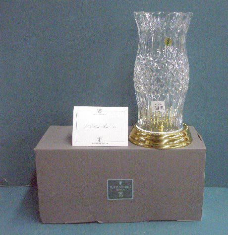 Waterford Fitzwilliam Hurricane Lamp: Waterford crystal 12 3/4" Fitzwilliam Hurricane candle lamp on brass base, limited edition #288/500, with paper work & box. CONDITION: Very good with no damage, box has wear & tearing.