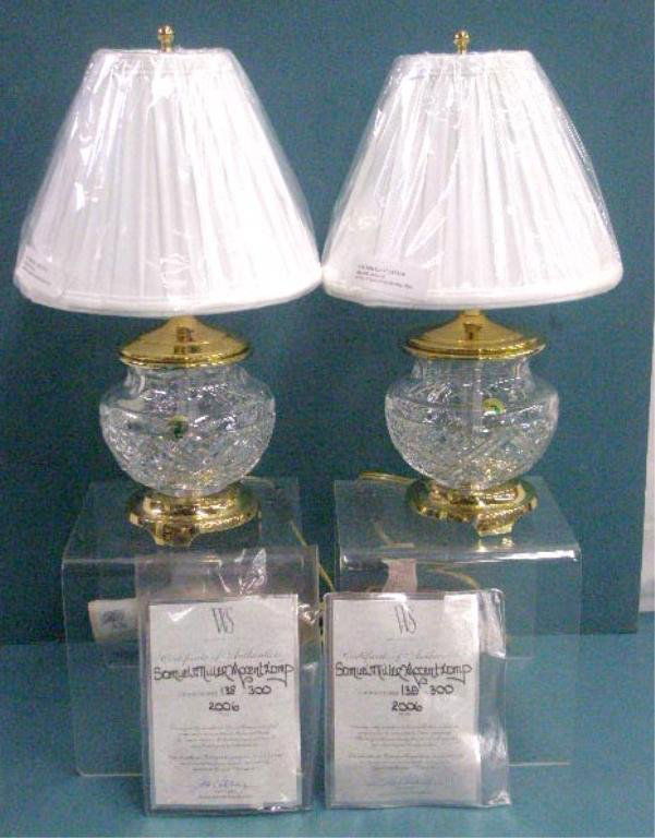 Waterford Samuel Miller Accent Lamps: Pair of Waterford crystal 16" Samuel Miller Accent Lamps, limited edition #138 & 139 / 300 with paperwork & original shades. CONDITION: Both work & are very good with no damage.