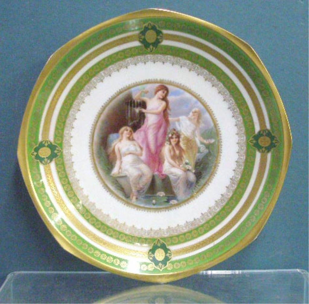 Austrian Porcelain Portrait Plate: Circa 1884-1909 Moritz Zdekauer Austrian porcelain 9 3/4" portrait plate, center with transfer hand painted scene with 4 maidens, hand painted gilt floral & scroll borders.