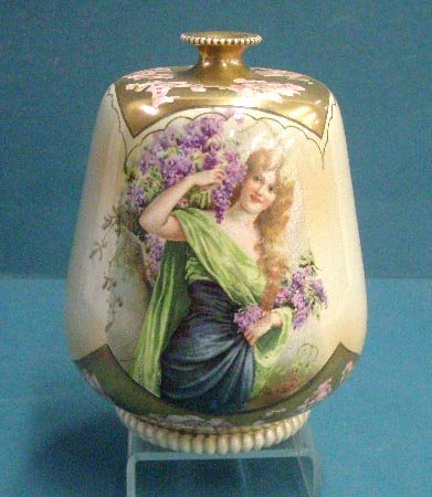 Royal Bonn Style Portrait Vase: Late 19th c. Royal Bonn style unsigned pottery 6 1/4" portrait vase, transfer decorated portrait of a female with flowers, transfer & painted floral design top & bottom border. CONDITION: Overall craz
