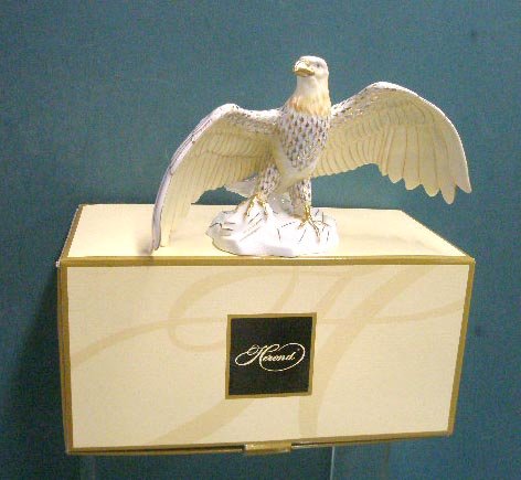 Herend Bald Eagle Figurine: Herend hand painted porcelain 11" x 6 1/2" Kingdom Classic, 2008 Bald Eagle figurine with box, limited edition #33/50. CONDITION: Very good with no damage, box has wear.