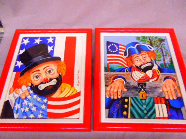 (2) Paintings on Porcelain Red Skelton: (2) Framed paintings on porcelain; by Red Skelton, signed (front & back) limited edition; "The All American", 1991, 58/1500 and "Independence Day", 1992, 61/1500. CONDITION: No issues noted.