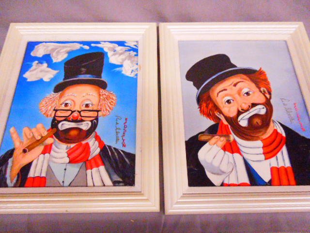 (2) Paintings on Porcelain; Red Skelton: (2) Framed paintings on porcelain: by Red Skelton, signed (front & back), limited edition; "Another Day" 1994, 61/1994 and "Red & Freddie Both Turn 80" 1993, 88/1993. CONDITION: No issues noted.